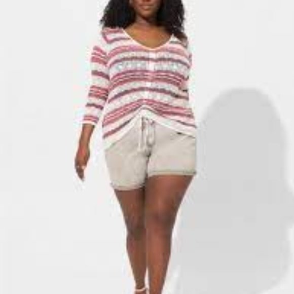 Torrid Open Stitch Pullover V-Neck Cinched Front Sweater Pink Stripe Size 3X NWT - Picture 1 of 11